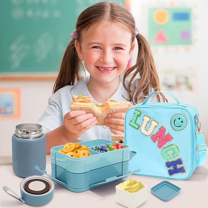 PainZieteg Lunch Box for Girl with 10oz Thermo 6 Compartment Bento Set Blue | Nylon Insulated Lunch Bag with Adjustable Strap, Ideal for Kids and Teens School, Travel and Picnic, Leakproof Thermal Pouch