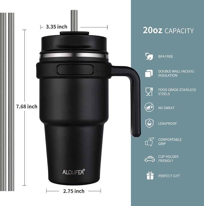 20 oz Insulated Travel Coffee Mug Tumbler with Handle and Straw | Leakproof Stainless Steel Coffee Cup with Lid, Double Wall Vacuum Ice Thermal Cup, Ocean Teal