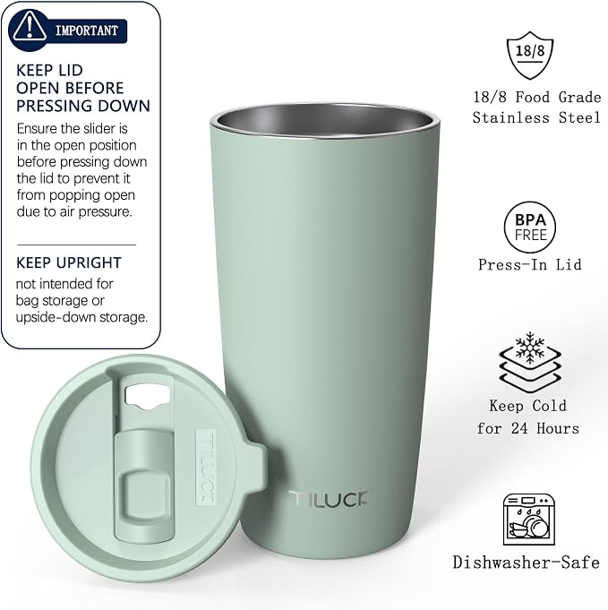 TILUCK 20 oz Insulated Coffee Tumbler with BPA-Free Lid | Travel Coffee Mug, Dishwasher Safe, Cup Holder Friendly, Double-Wall Vacuum Insulation for Hot & Cold Drinks,Matte MintGreen