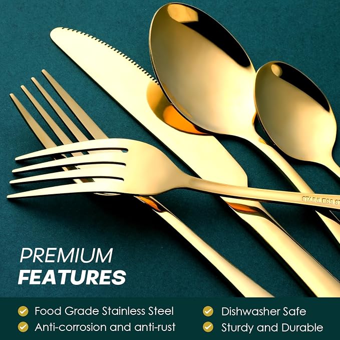 Gold Silverware Set for 8, OGORI 45-Piece Stainless Steel Flatware Set with Serving Set, Mirror Polished Cutlery Set with Serving Utensils Spoon for Kitchen Party Supply