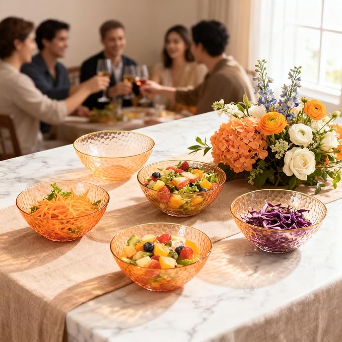 Rubtlamp 30 Pack Clear Orange Disposable Bowls, Clear Plastic Bowls with Gold Rim, 12-16oz Premium Heavy Duty Plastic Soup Bowls, Gold Disposable Bowls for Party
