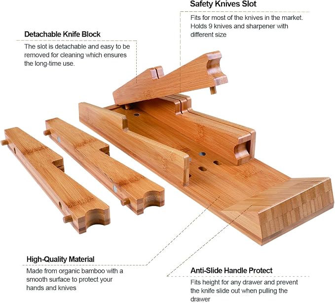 NIUXX Bamboo In-Drawer Knife Block Set for 9 Knives(Not Included) | Large Kitchen Detachable Washable Cutlery Slot Organizer Storage Holder for Sharpening Steel and Cutter