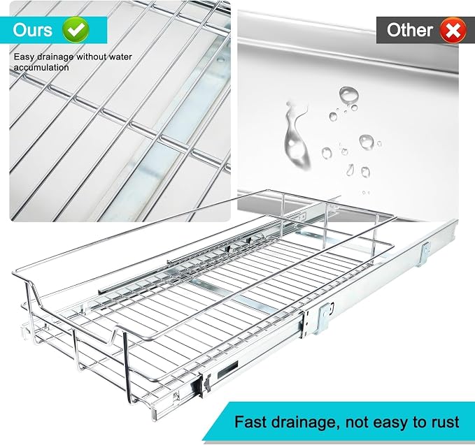Pull Out Cabinet Organizer 11" W X 17" D, Chromed, Full Slide Out Drawers | For Kitchen Organizers and Storage, Pull Out Drawers For Cabinets Capacity Heavy Duty Caddy, Cabinet Shelves, Bathroom Pantry