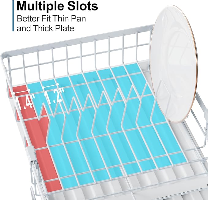 Expandable Dish Drying Rack - Compact with Drainboard, White | 12-20.5 in Adjustable Length, 360° Rotating Drain Spout, Cup & Utensil Holder, Rust-Resistant, Ideal for Small Kitchens & RVs