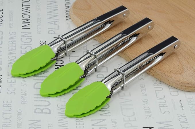 HINMAY 7" Mini Tongs with Silicone Tips, Set of 3 (Green) | 7 Inches Silicone Cooking Tongs