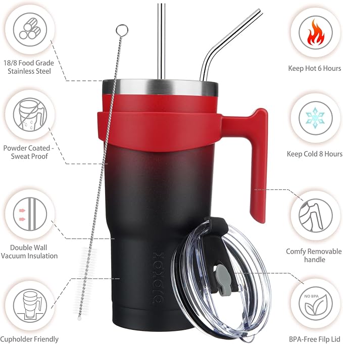 BJPKPK 20 oz Tumbler with Handle & Straw, Insulated Stainless Steel Mug | Double Wall Vacuum, Keeps Hot/Cold, Thermal Cup, BPA Free, Dishwasher Safe, Cupholder Fit, Coffee & Travel, Blood Moon
