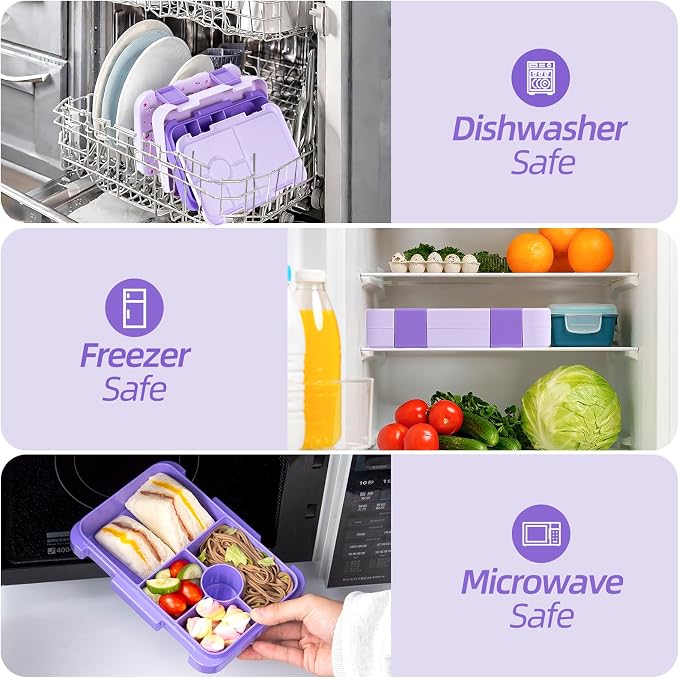 Bento Lunch Box for Kids, 5/6 Compartments, Purple Patterned | Dishwasher Safe Back to School Snack Bento Lunch Containers Boxes, Ideal Portion Sizes for On-the-Go Meal, Ages 3+, School