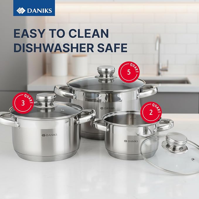 Daniks Standard 6-Piece Stainless Steel Cookware set with Glass Lid, Tri-Ply Bases for Even Heating, Induction Compatible, Dishwasher Safe, Built-In Measuring Scale, Silver