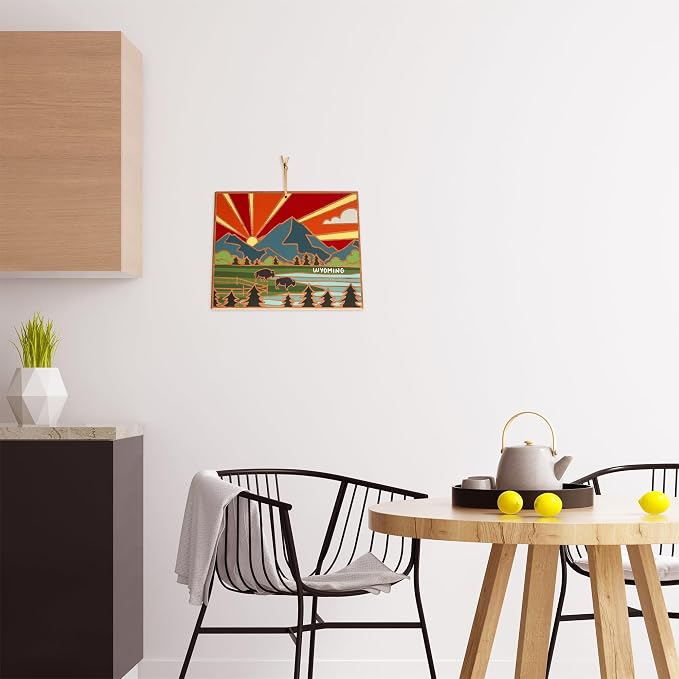 Totally Bamboo Wyoming State Shaped Cutting Board, Summer Stokes Art | State charcuterie board with colorful hand-drawn landscape art. Smooth reverse side for food prep. Hang tie for wall display.