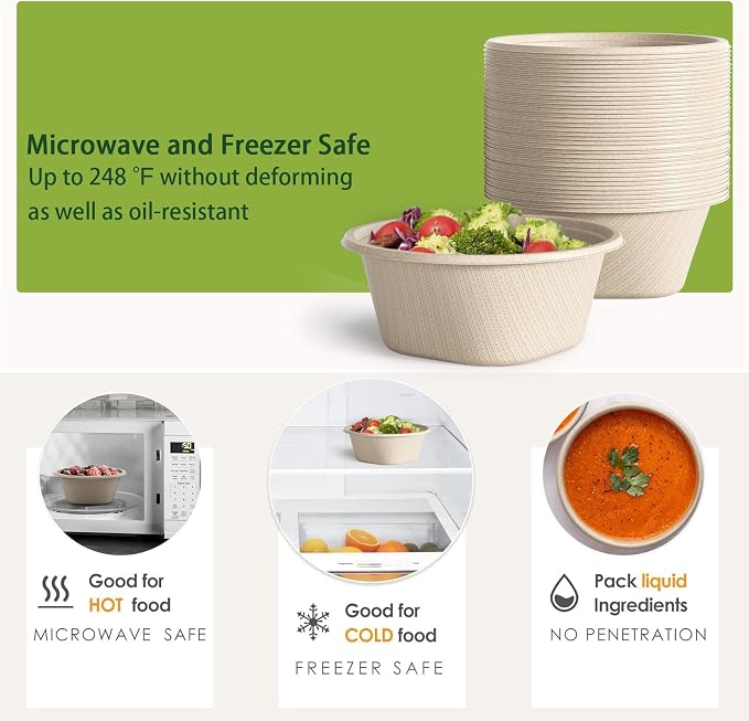 32 Oz Deep Disposable Bowl, Paper Bowls Disposable Heavy Duty Compostable Bowls, Eco-friendly Sugarcane Bagasse Biodegradable Bowl for Soup, Salad, Dessert [50 Pack]