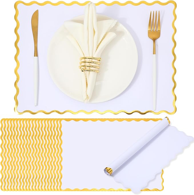 FoldTier 150 Pcs Disposable Paper Placemats Bulk 10"x14" Rectangle Place Mats with Scalloped Edges Dining Table Mat for Wedding Birthday Party Table Decoration(White)