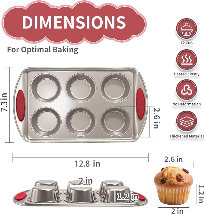 Muffin Pan 6-Cup, 2-Pack Nonstick 6 Tin Cupcake Pan with Silicone Grip Handles, Toaster Oven Baking Supplies Small Cheesecake Cup Cake Tray- Non-toxic & Dishwasher Safe