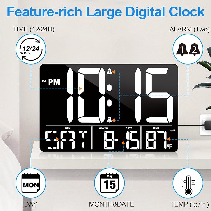 PERSUPER 13" Digital Wall Clock Large Display with Remote, Temp & Timer | Auto Dimming, 12/24H, DST, Calendar, 25 Ringtones, for Living Room, Kitchen, Bedroom, Office & Elderly