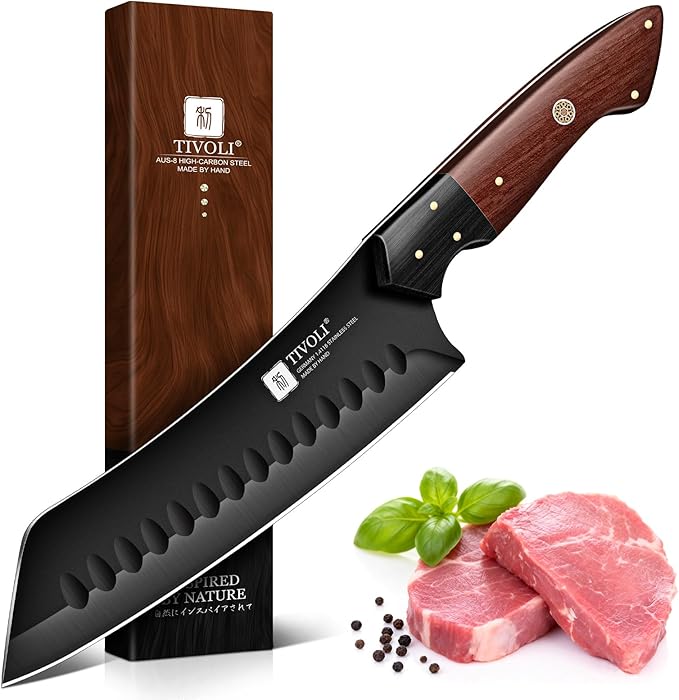 TIVOLI Santoku Knife 7 Inch - Japanese Chef Knife for Fish - Bunka Knives | German High-carbon Steel, Full Tang, Ergonomic Walnut Handle, Gift Box, Dual-Tech Black Shield