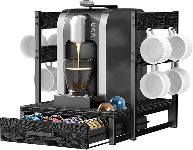 Evermagin Coffee Pod Holder Compatible with Nespresso,Fit 28 Large/56 Small | Coffee Pod Organizer Drawer Station with Cup Rack, Vertuo Pod Holder for Home and Office,Black