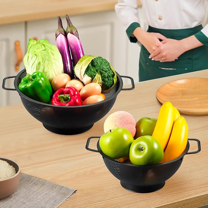 Black Colander for Kitchen, 5QT, Stainless Steel Pasta Strainer with Handle, Pasta Strainer for Fruits Vegetables Cooking Food, Dishwasher Safe