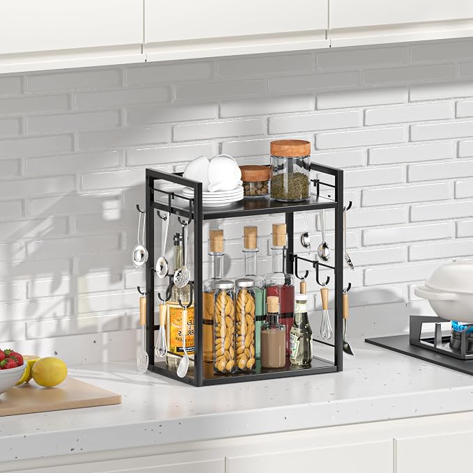 Dorhors Coffee Bar Organizer,Mug Holder,Station Organizer Kitchen Counter | 2 Tier Black Wood Coffee Bar Accessories with 12 Hooks,Countertop Shelf for Mug,Syrup and Accessories