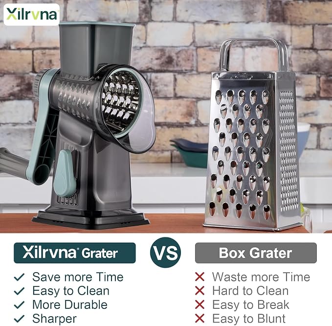Rotary Cheese Grater with Handle Kitchen Shredder Slicer Grater Slicer Ice Shaver Cheese Vegetable Nuts Potato Zucchini Chocolate 3 Interchangeable Blades (GreyBlue)