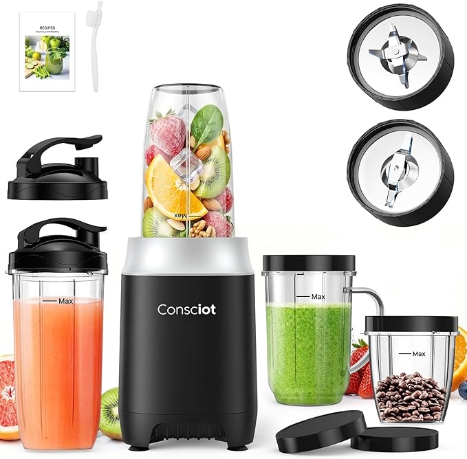 Consciot 16Pcs Personal & Countertop Blender Combo, Coffee & Spice Grinder | Make Shakes and Smoothies, Frozen Drinks, Baby Food, Spreads & More, 4 Portable BPA-Free To-Go Cups & 4 Lids, 900 Peak Watts