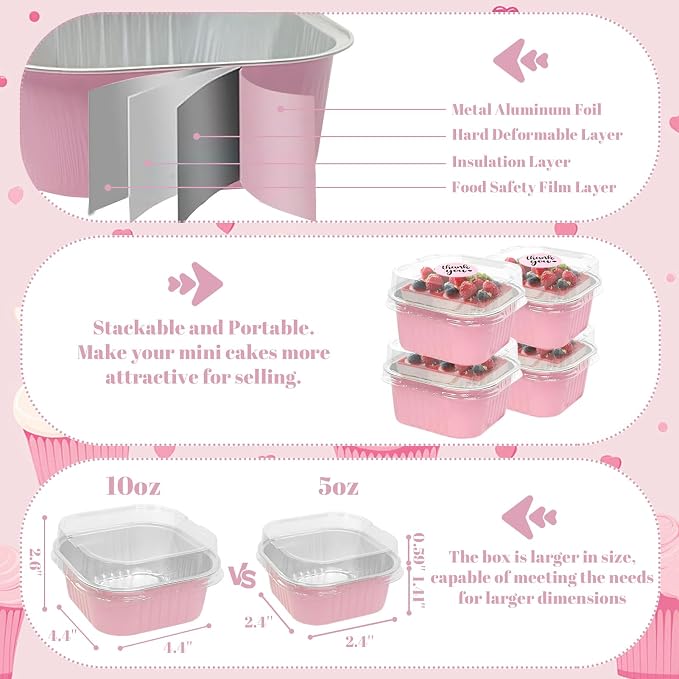 50 Pack 10oz Mini Cake Pans With Lids, Aluminum Foil Square Brownie Baking Cups,Disposable Large Cupcake Pan,Jumbo Muffin Tin Ramekins Holders Individual Dessert Containers for Sales,Party,Picnics