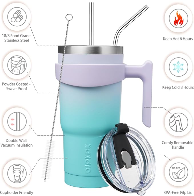 BJPKPK 20 oz Tumbler with Handle & Straw, Insulated Stainless Steel Mug | Double Wall Vacuum, Keeps Hot/Cold, Thermal Cup, BPA Free, Dishwasher Safe, Cupholder Fit, Coffee & Travel, Lavender Green