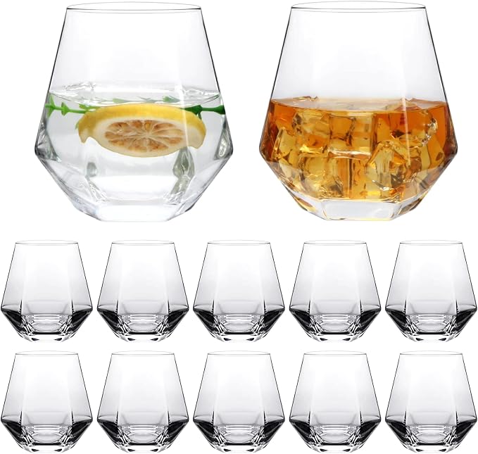 Diamond Wine Glasses Set of 12, Stemless Red Wine Glass Cups 10oz | Geometric Clear Glassware, White Wine Glass Tumblers, Cocktail, Bourbon, Whiskey, Birthday, Party