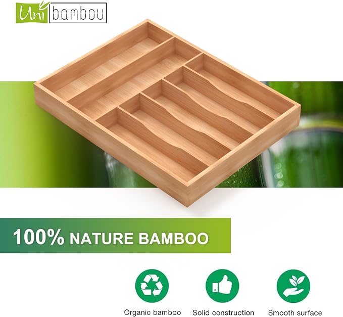 Unibambou Bamboo Silverware Drawer Tray, Kitchen Flatware Cutlery Organizer | 7 slots kitchen storage tray, Natural Bamboo Material, Perfect organizer for flatware cutlery utensils, 12"W x 16.5"D x 2"H