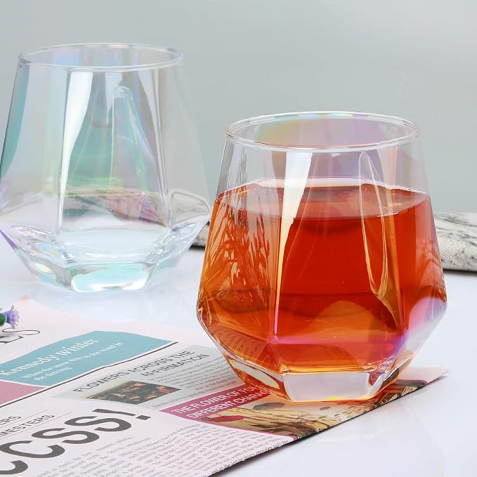 Wine Glasses Set of 4, Iridescent Stemless Wine Glasses 10oz | Geometric Diamond Shaped Glass Cups, Red and White Wine, Whiskey, Cocktail, Bourbon, Juice, Water