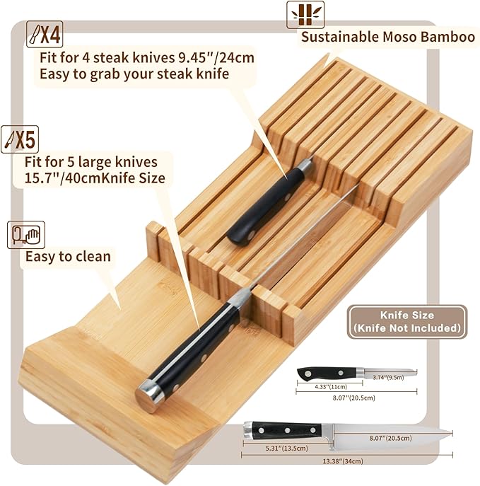 Utoplike Knife Drawer Organizer, Bamboo Knives Block for Kitchen Drawers | Small Knives Holder for Steak, Paring, Bread Knife, Holds Up to 9 Knives (Not Included), Compact Drawer Organization Storage