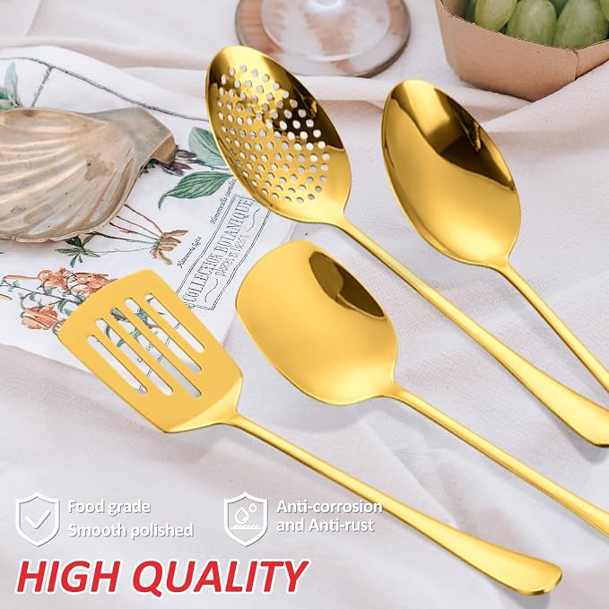 Gold Stainless Steel Kitchen Utensils Set 11 Pcs Cooking Utensils Hostess Serving Heat Resistant Kitchen Essentials Metal Kitchen Gadgets Accessories,for Buffet,Wedding,Party Dishwasher Safe