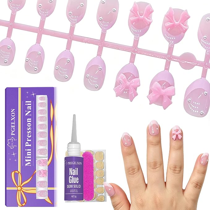 24pcs Press on Nails for Kids, Pink Bow & Pearl for Teenager Girls 8-12 | Almond Short French Tips, 12 Size, Non-Toxic, Fashion Nail Kit with Adhesive Tabs, Nail File, for Christmas, Birthday, Party