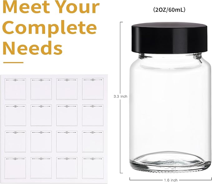 Glxgow 16 Pack 2 oz Glass Shot Bottles with Black Lids & Labels, Wide Mouth 60 ml Small Glass Bottles for Ginger, Leakproof Travel Mini Clear Jars for Wellness Shot, Juice - Dishwasher Safe
