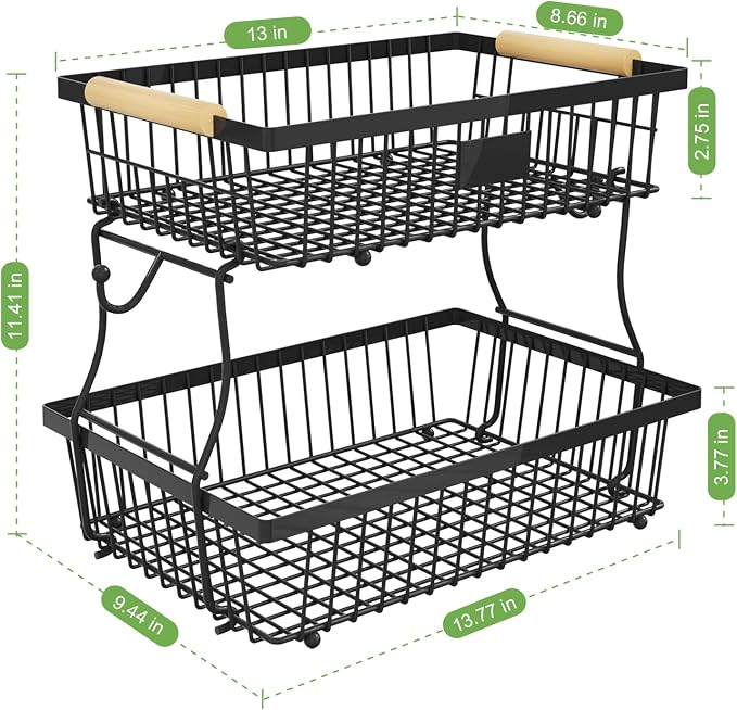 2 Tier Fruit Basket for Kitchen Counter with 2 Banana Hangers, Countertop Metal Bread Basket with Wooden Handle, Large Storage Stand for Vegetables, Snacks, Eggs, Produce Storage – Black
