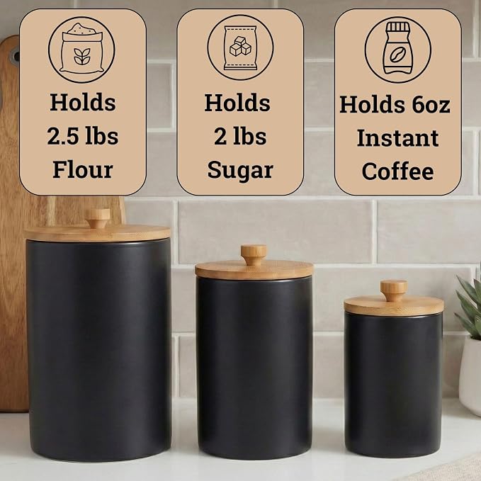 Ceramic Kitchen Canisters for Countertop Set of 3 w/ Airtight Bamboo Lids | Thick Sturdy Ceramic, Matte Finish, Airtight Easy Open Bamboo Lids, Comfortable Bamboo Handles, Jar Volumes: 2, 1, 0.5 quarts