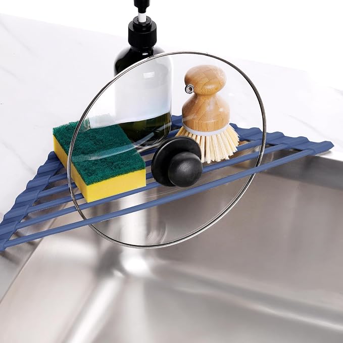 Tomorotec Roll Up Dish Drying Rack with Silicone Coating, Dark Blue | 304 Stainless Steel with BPA-Free Silicone, Triangle Design Maximizes Sink Corner Space, Fits Compact Kitchens And RVs
