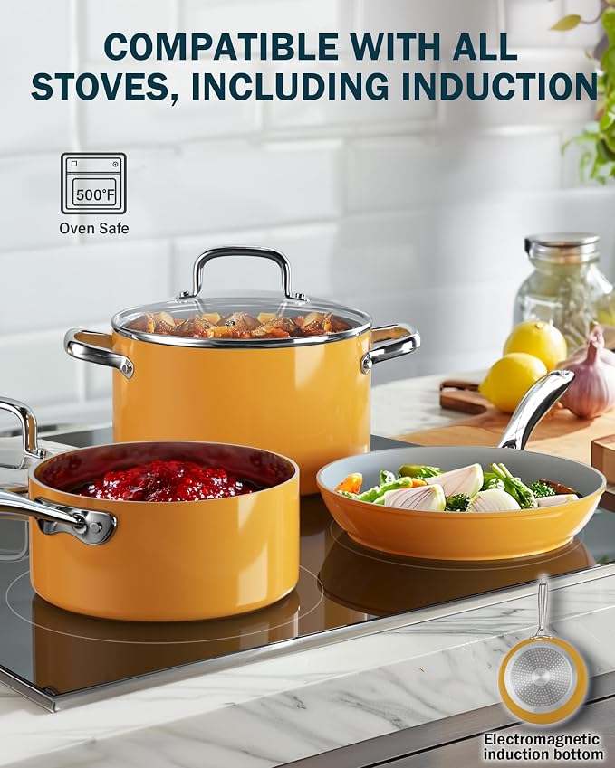 Cook N Home Classic 9.5 Inch Ceramic Nonstick Frying Pan, Cookware Skillet Egg & Omelet Pan, Induction, Yellow