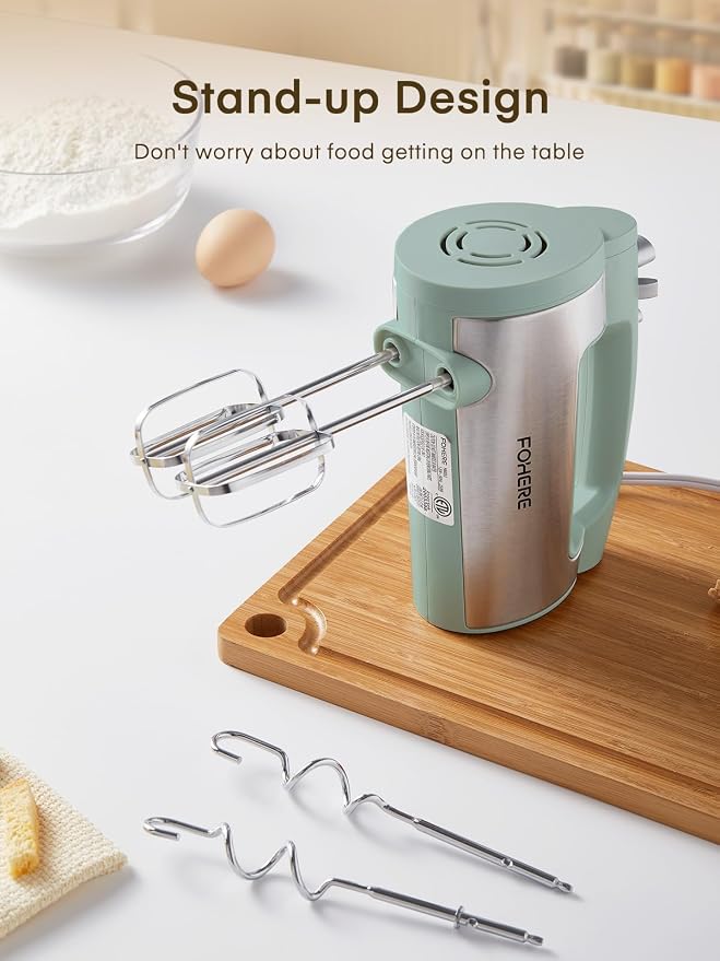 Hand Mixer Electric Handheld, 6 Speed & Turbo Electric Mixer, 300W Handheld Mixer with 2 Stainless Steel Whisk and 2 Dough Hook for Whipping, Mixing Cookies, Brownie, Cakes, Dough Batters, Green