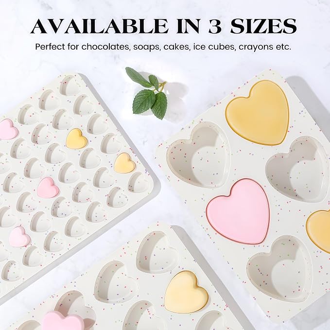 2 Inch Small Heart Shaped Silicone Molds for Chocolate, Candy, Cake, Soap (Set of 2, Cream)