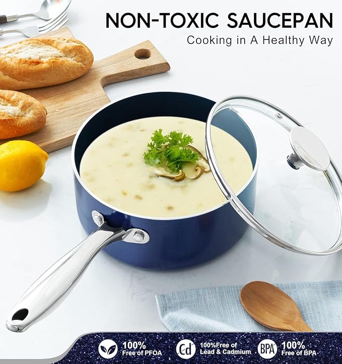 MICHELANGELO 2 Quart Saucepan with Lid, Nonstick Ceramic Sauce Pan with Stainless Steel Handle, 2 Qt Saucepan with Lid Induction Compatible, Oven Safe, Blue
