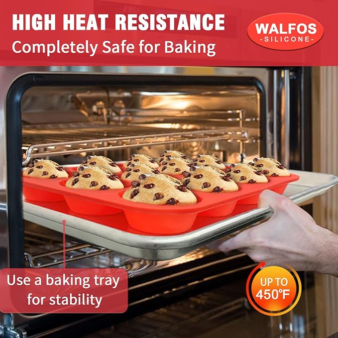 Walfos Silicone Muffin Pan Set of 3, Including Regular 12 Cups Muffin Pans, 24 Cups Mini Muffin Pan & 6 Cups Muffin Top Pan, Non-Stick Cupcake Pan, Easy to Release & Dishwasher Safe