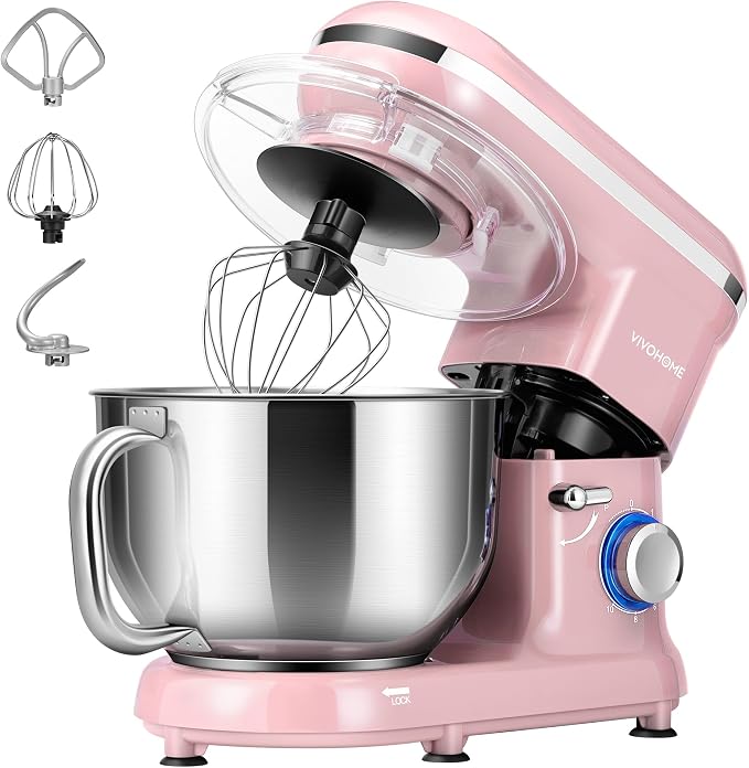 VIVOHOME Stand Mixer, 6-Quart Tilt-Head Kitchen Mixer with Bowl, Pink | 10 Speeds, Dough Hook, Beater, Whisk, Splash Guard, Egg Separator, for Cake & Bread