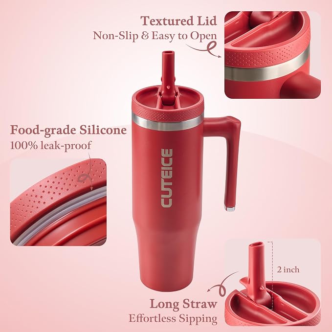 Deep Red 30 oz Tumbler with Handle Coffee Tumbler Cups with Lid and Straw, Double Wall Insulated Cup Stainless Steel Travel Mug Water Bottle for Iced Tea, Coffee, Cold Beverages Gifts for Women