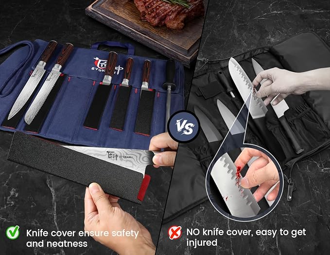 14pcs Chef Knife Set with Roll Bag, Professional Stainless Steel Japanese Knife Set with Pakkawood Handle for Professional Chef, Camping, Travel, BBQ, RV or Gift