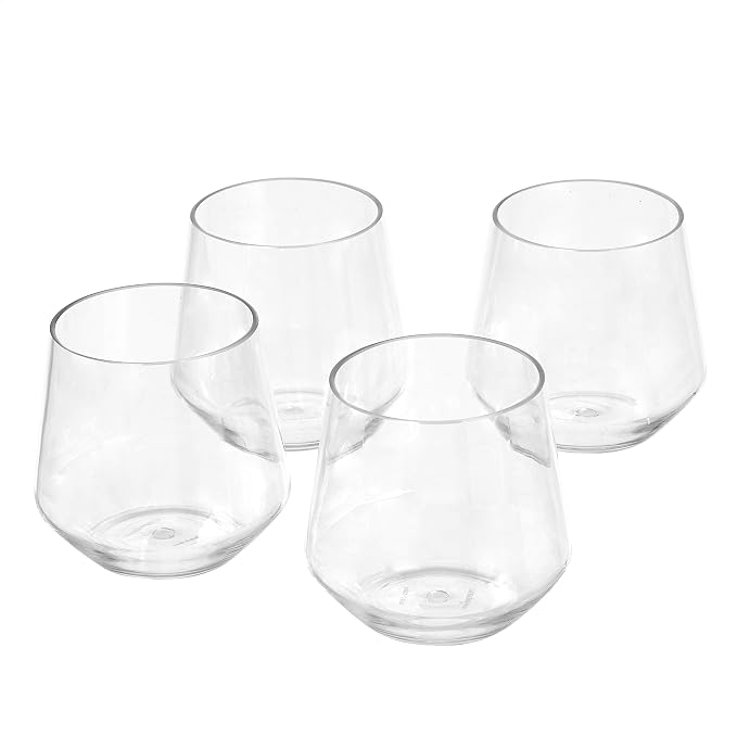 Amazon Basics Tritan Glasses, Dishwasher Safe, BPA-Free Plastic, Stemless Wine, Shatterproof, Looks Like Glass, 14-oz, Clear, Set of 4