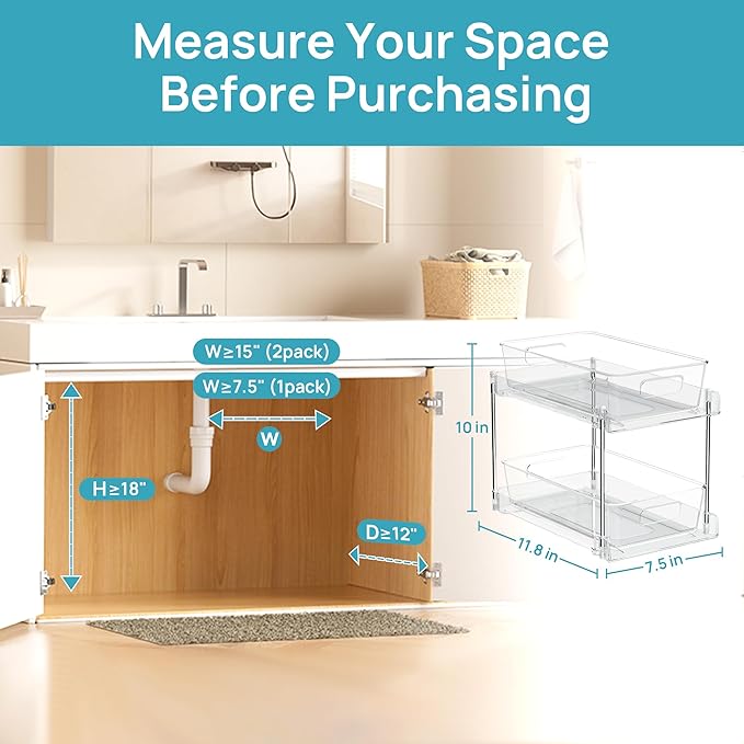 Vtopmart 4 Pack Pull Out Bathroom Under Sink Organizer (S-Standard) | Slide-out drawers, Multi-purpose storage, Clear visibility, Easy Set-up