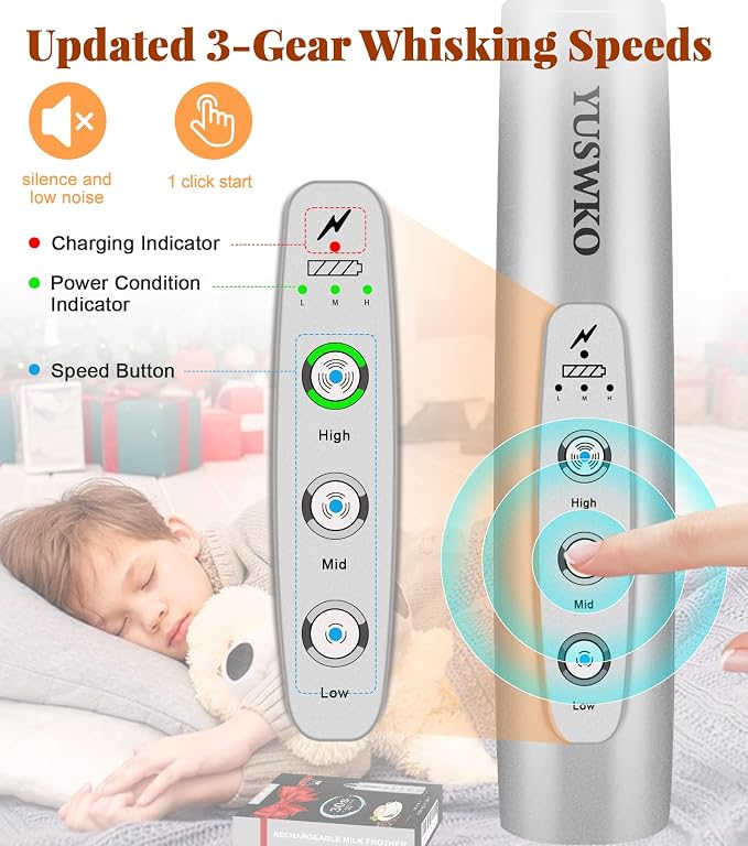 YUSWKO Handheld Milk Frother Wand for Coffee, Rechargeable Electric Whisk with 3 Heads 3 Speeds Drink Mixer Coffee Frother For Latte, Cappuccino, Hot Chocolate, Egg, Silver