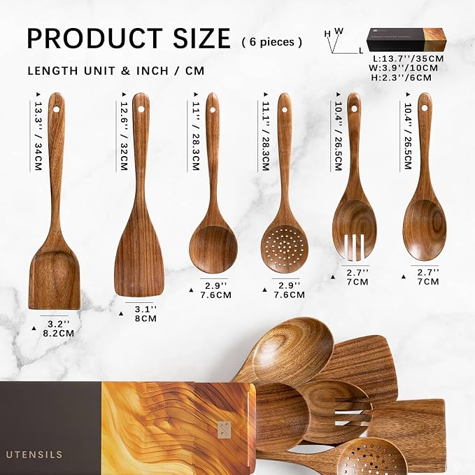 Wooden Spoons for Cooking, 6-Piece Acacia Wood Cooking Utensil Set | Spoons and spatulas stir, mix, flip and serve; balanced handles offer control while staying gentle on nonstick cookware.
