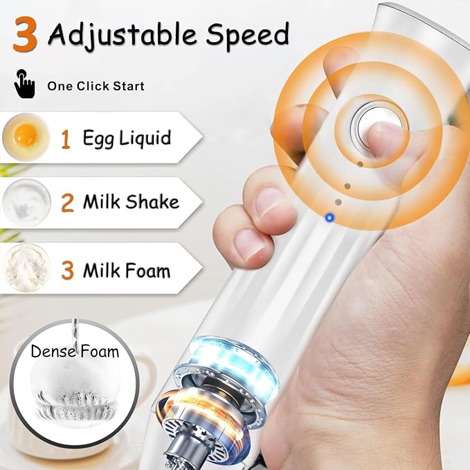 3-in-1 Rechargeable Milk Frother Wand, Coffee Drink Mixer w/ 3 Whisks＆Speed | USB-C Battery Handheld Frother, Small Electric Whisk Stirrer Coffee Foam Maker, Protein Powder Hand Mixer for Egg, Cappuccino