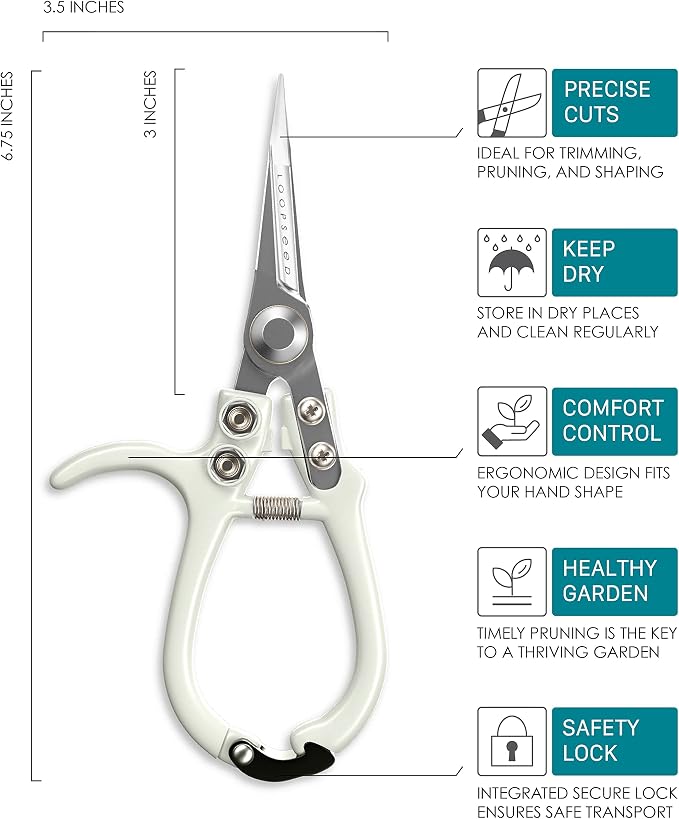 Precision Plant Pruning Shears - Straight Blade, White | Ergonomic garden trimming scissors with sharp tapered tip for bonsai, herbs, and flowers