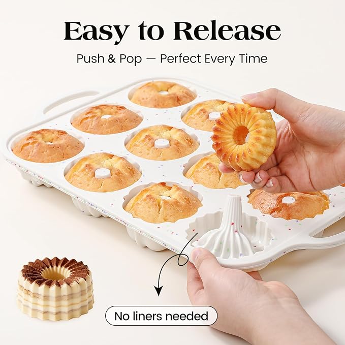 Vinino 3 Inch Mini Fluted Cake Pan, 2 Pack with Metal Frame | 4 Shapes 12 Cavity Mini Cake Mold Set for Batch Baking, Flan, Jello, Pudding, Brownies & Desserts